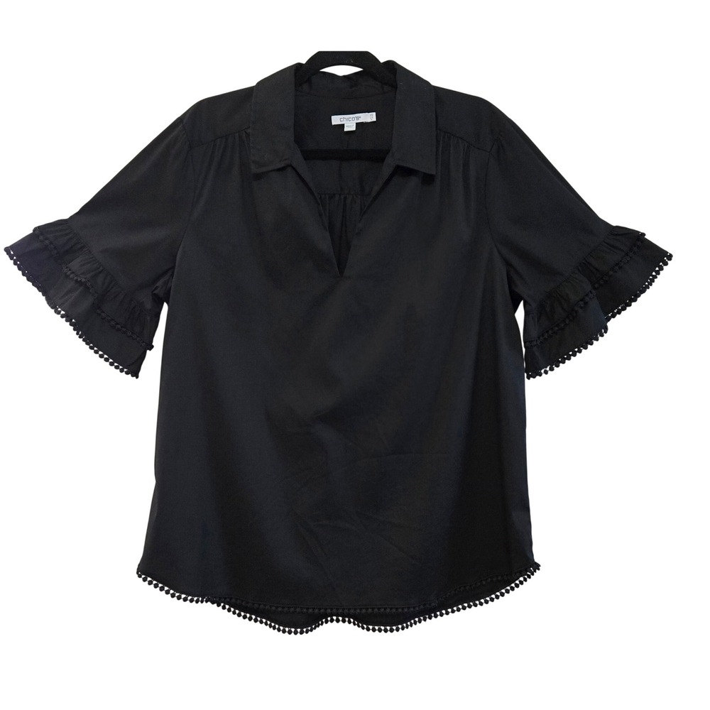 Chicos Boho Chic Black Cotton Ruffle Sleeve Pom Pom Trim Blouse Womens 2.5/14
